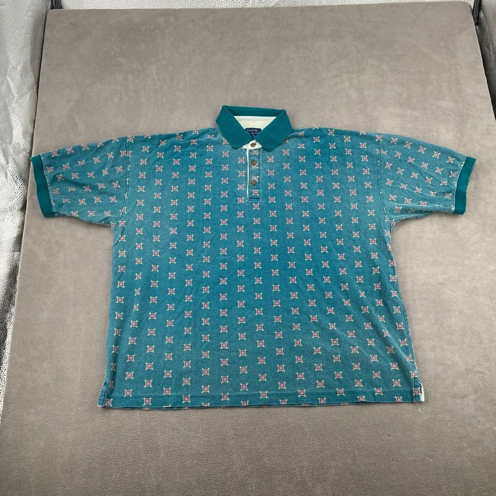 Vintage Cambridge Classics Mervyns Polo Shirt Mens 2XL Teal Blue Geometric